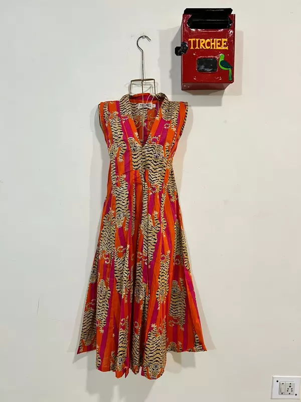 Charita's Everyday Sleeve Less Flare Dress - Orange & Pink Stripes with Tigers
