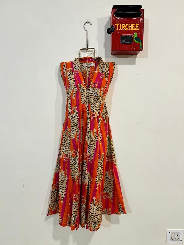 Charita's Everyday Sleeve Less Flare Dress - Orange & Pink Stripes with Tigers