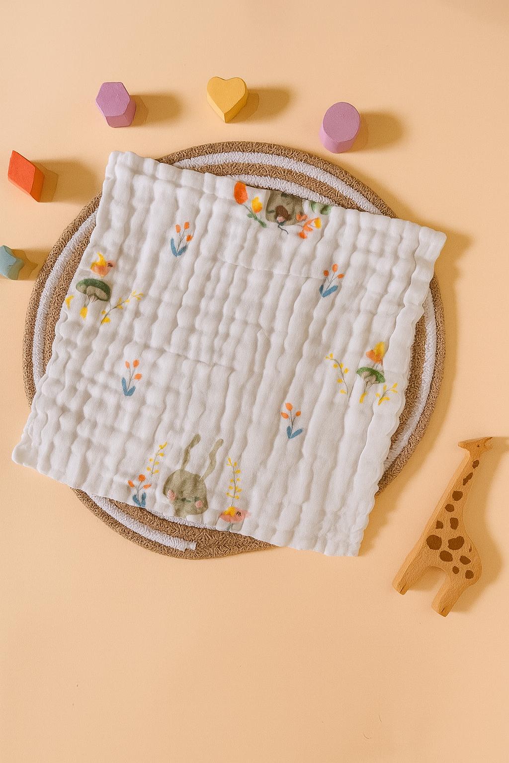 6 Layer Muslin Wash cloth / Face towel - White Printed - Pack of 5 (Assorted)