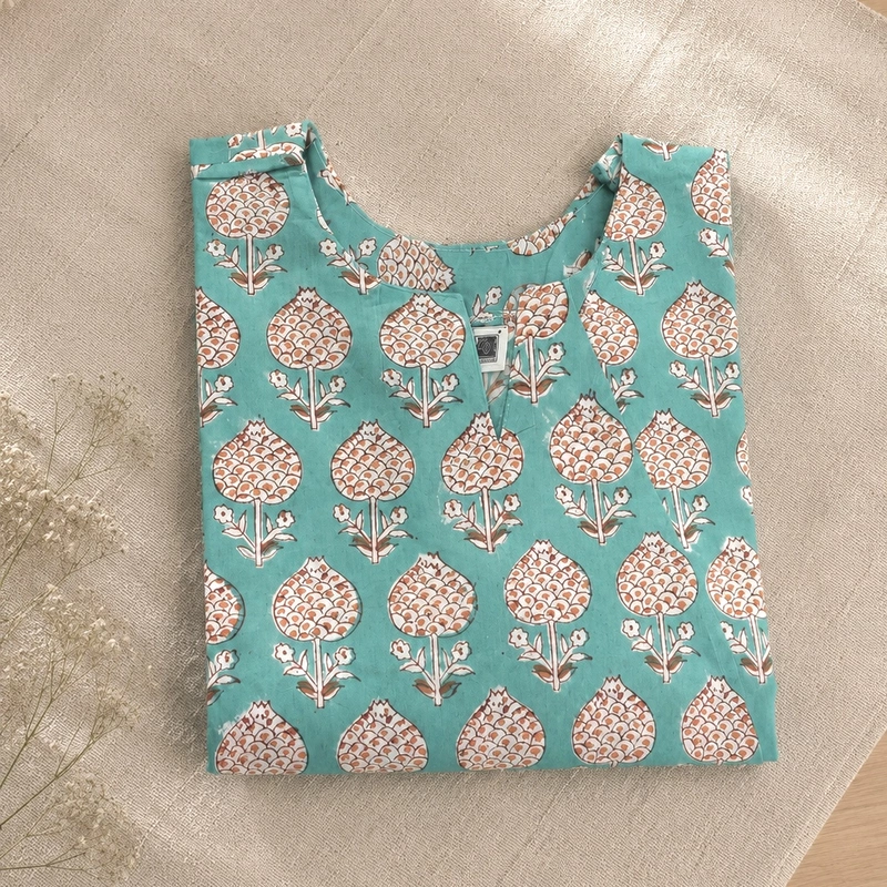 Sea Green Block Printed Short Kurti-Large
