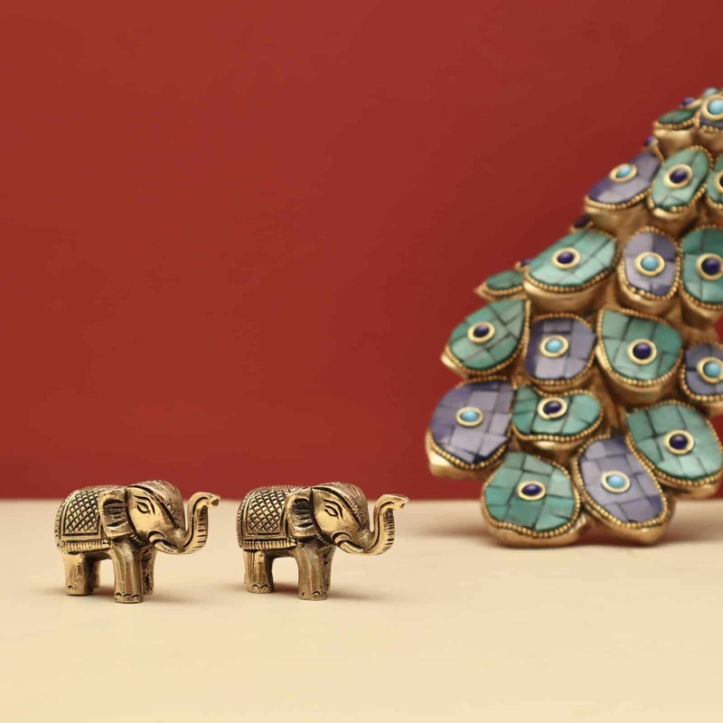 Brass Decorative Elephant Set of 2 - 1.2 inch Height | Miniature Set of Two Brass Decorative Elephants for Charming Decor