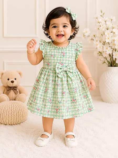 Cotton Vintage Floral Green Check Baby Frock