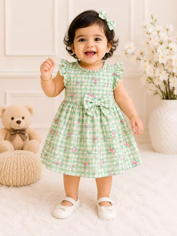 Cotton Vintage Floral Green Check Baby Frock