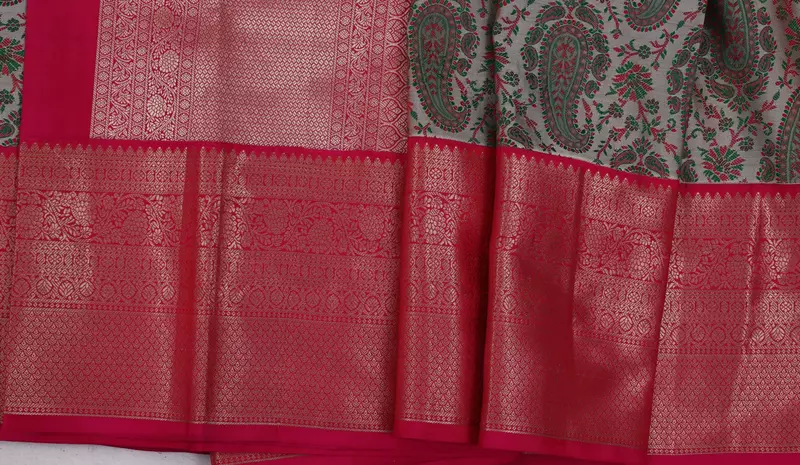 Grey & Pink Paisley Silk Saree with Rich Zari Pallu