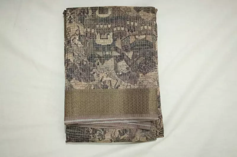 Beige Printed Semi Tussar Silk Saree with Textured Border
