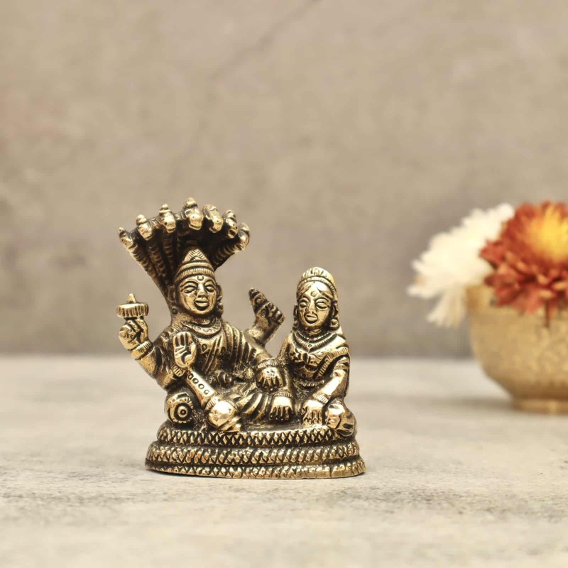 Brass Vishnu Lakshmi on Sheshnag - 3 inch Height | Sacred Brass Idol of Vishnu and Lakshmi on Sheshnag for Divine Grace
