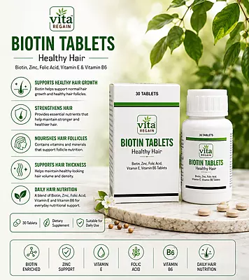 Vita Regain Biotin Tablets for Healthy Hair | 2500mcg Biotin, Zinc, Folic Acid | 30 Tablets