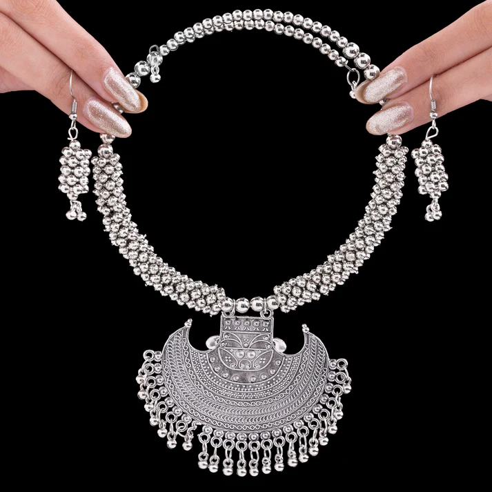 Oxidised Silver Necklace Set With Earrings