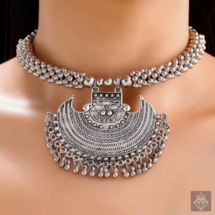 Oxidised Silver Necklace Set With Earrings