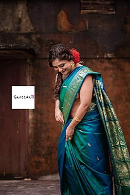 Blue green dual tone pure katan silk Baluchari saree from the Kadambari series