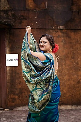 Blue green dual tone pure katan silk Baluchari saree from the Kadambari series