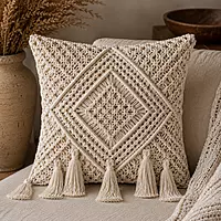 Natural Ivory Macrame Cushion Cover with Fringe & Leaf Knotwork