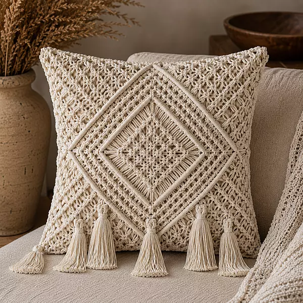 Natural Ivory Macrame Cushion Cover with Fringe & Leaf Knotwork