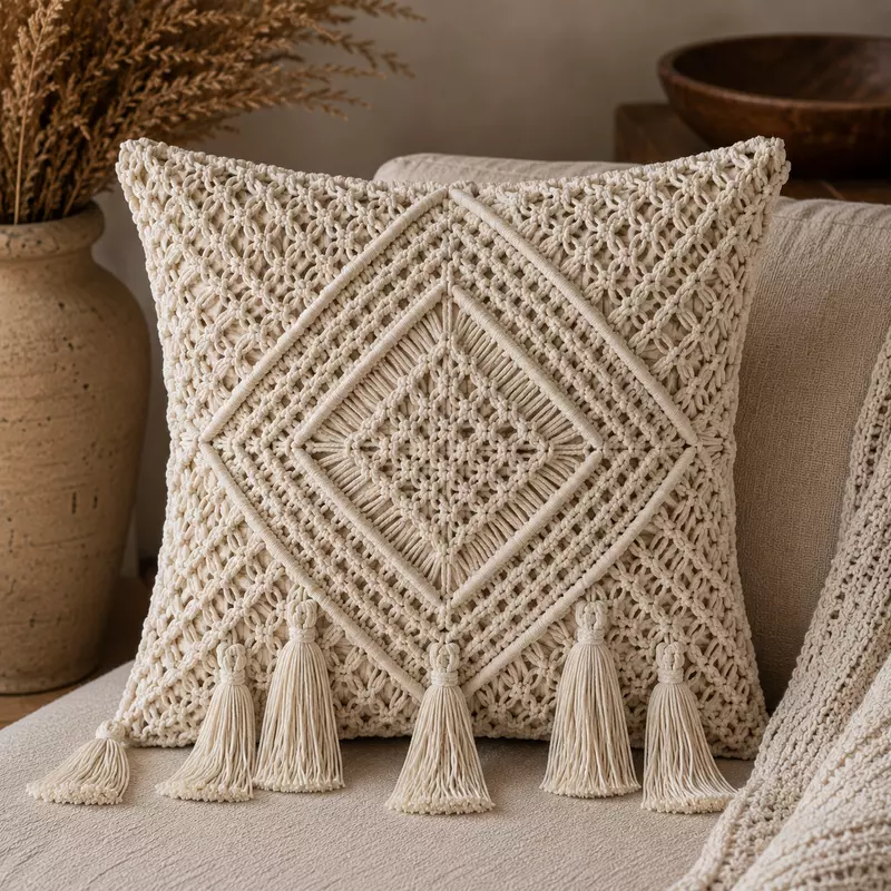 Natural Ivory Macrame Cushion Cover with Fringe & Leaf Knotwork