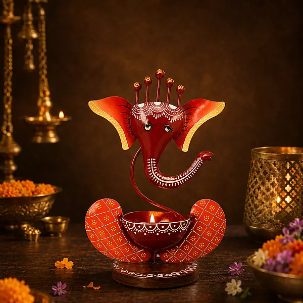 Metal Hand Painted Ganesha T - light holder