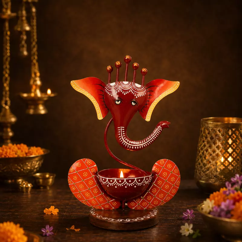 Metal Hand Painted Ganesha T - light holder