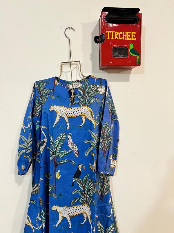 Rihana's Sleeved A-Line Dress - Blue Jungle