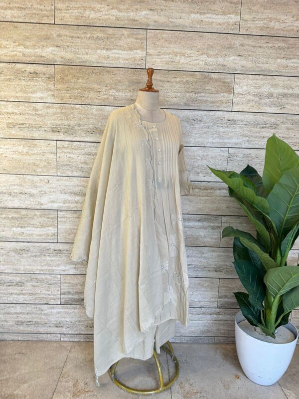 Pure Cotton Dupatta Set With Embroidery Beige