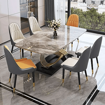 Vikinterio Stainless Steel Base with Marble Top Six Seater Dining Table Set Vikinterio Stainless Steel Base with Marble Top Six Seater Dining Table Set