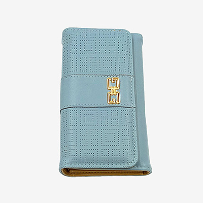 Dusty Blue Patterned Trifold Wallet with Tan Interior