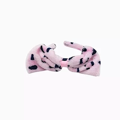 Pink Leopard Plush Bow Headband - Soft Spa Hair Band