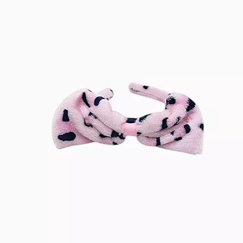 Pink Leopard Plush Bow Headband - Soft Spa Hair Band