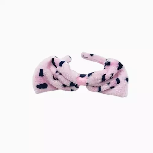 Pink Leopard Plush Bow Headband - Soft Spa Hair Band