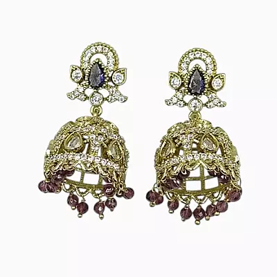 Gold-Plated CZ Jhumka Earrings with Purple Bead Droplets
