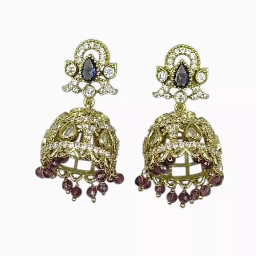 Gold-Plated CZ Jhumka Earrings with Purple Bead Droplets