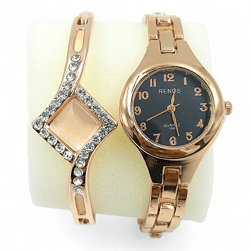 Renos Rose Gold Women’s Watch & Crystal Bracelet Gift Set