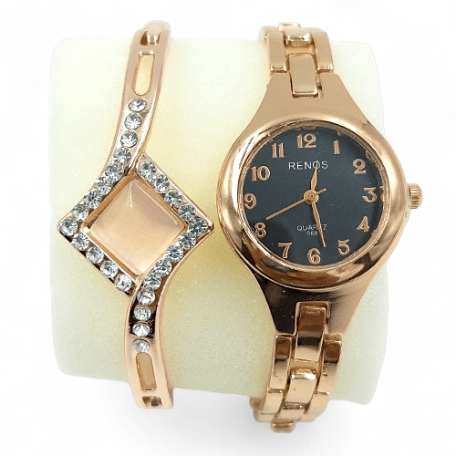 Renos Rose Gold Women’s Watch & Crystal Bracelet Gift Set