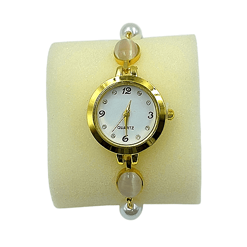 Elegant Women's Pearl & Cat-Eye Stone Bracelet Watch