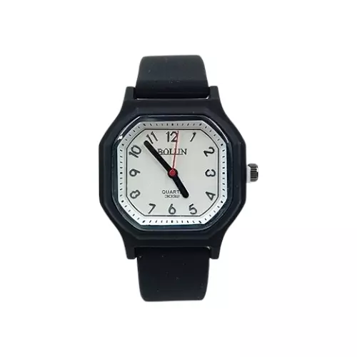 Bollin Unisex Octagonal Quartz Watch with Black Resin Strap