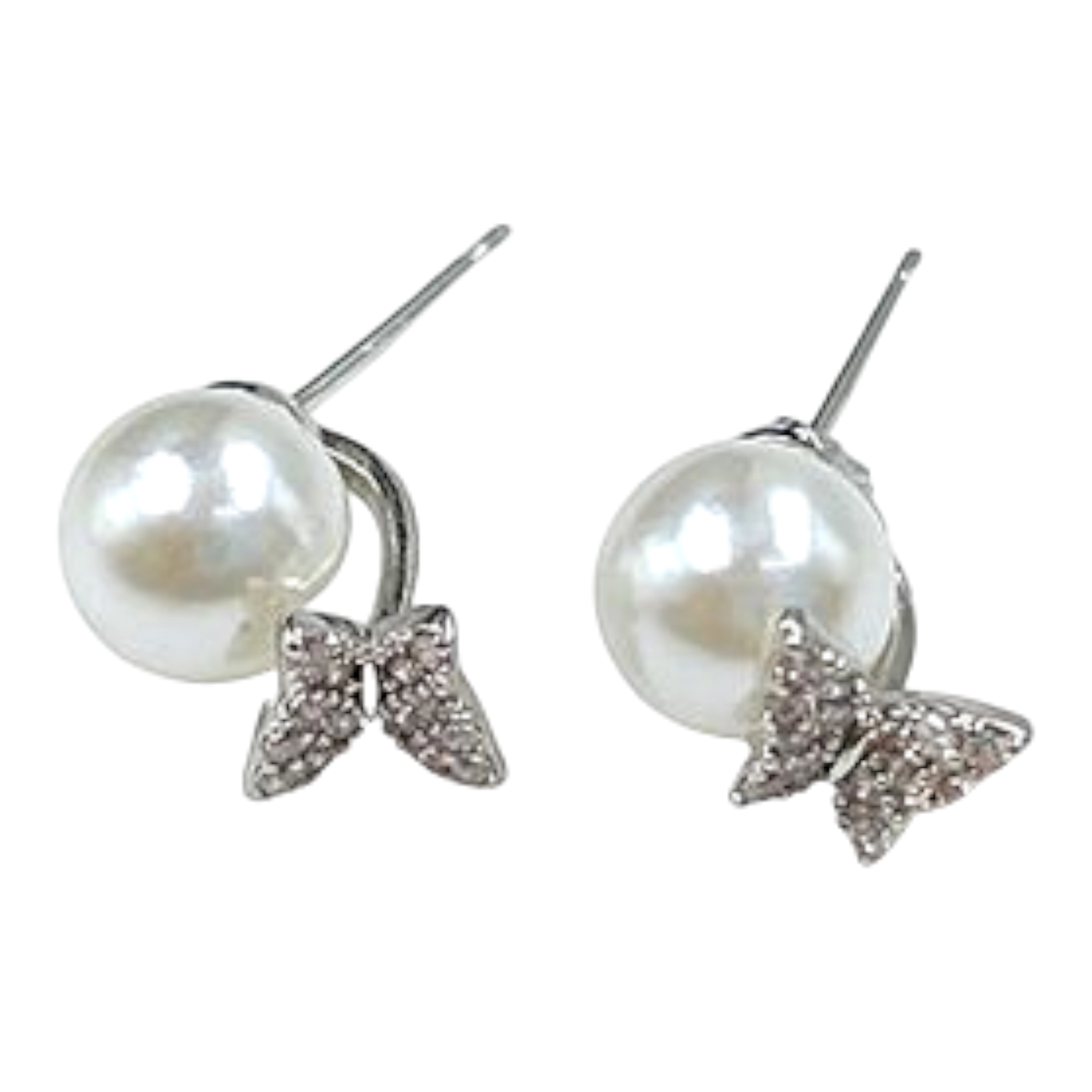 Elegant Pearl & Pave CZ Butterfly Stud Earrings