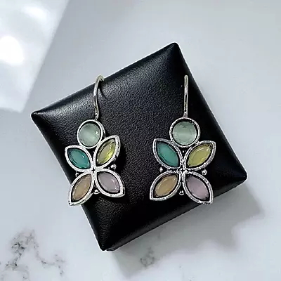 Colorful Gemstone Butterfly Earrings - Silver-Toned Floral Drop Earrings