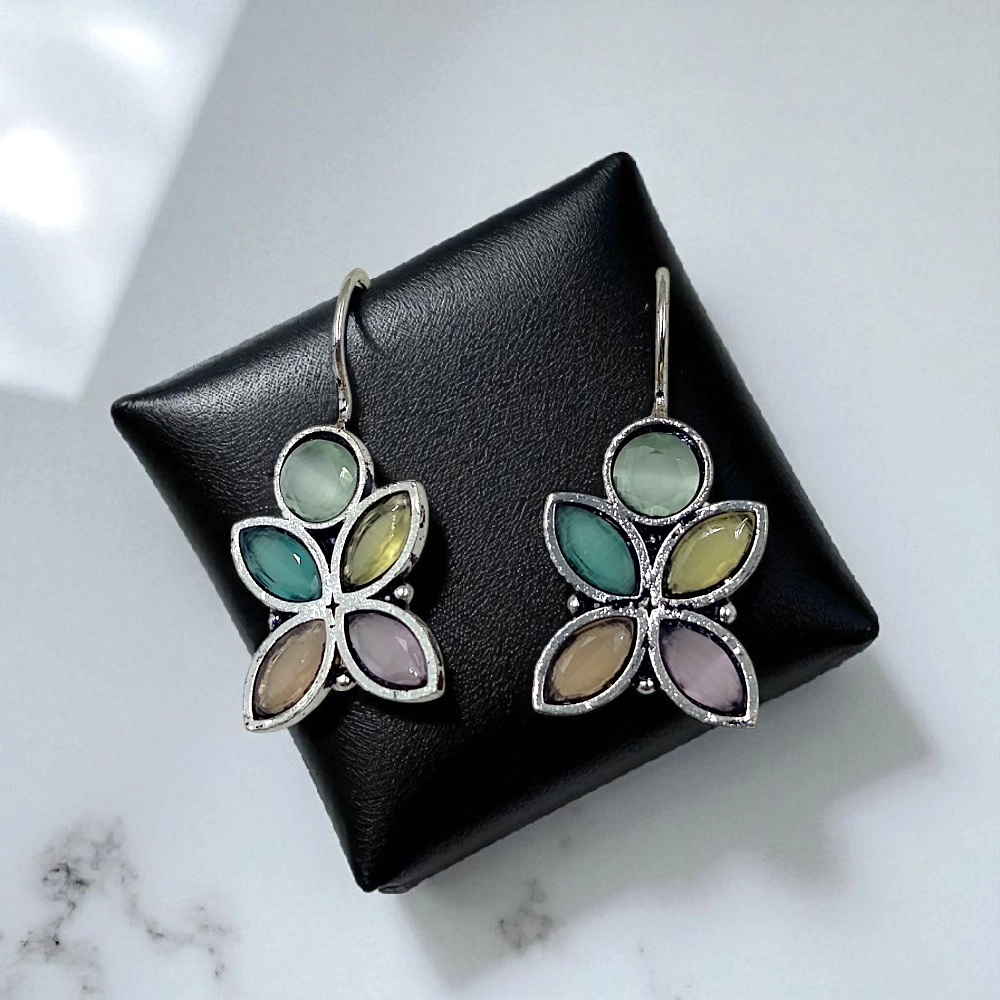Colorful Gemstone Butterfly Earrings - Silver-Toned Floral Drop Earrings