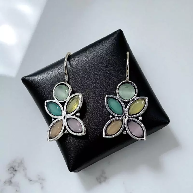 Colorful Gemstone Butterfly Earrings - Silver-Toned Floral Drop Earrings
