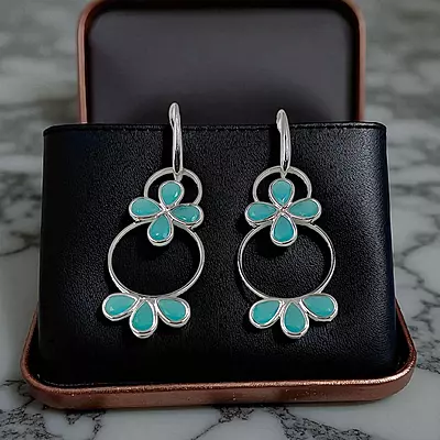 Turquoise Floral Hoop Earrings - Silver-Toned Statement Dangle Earrings