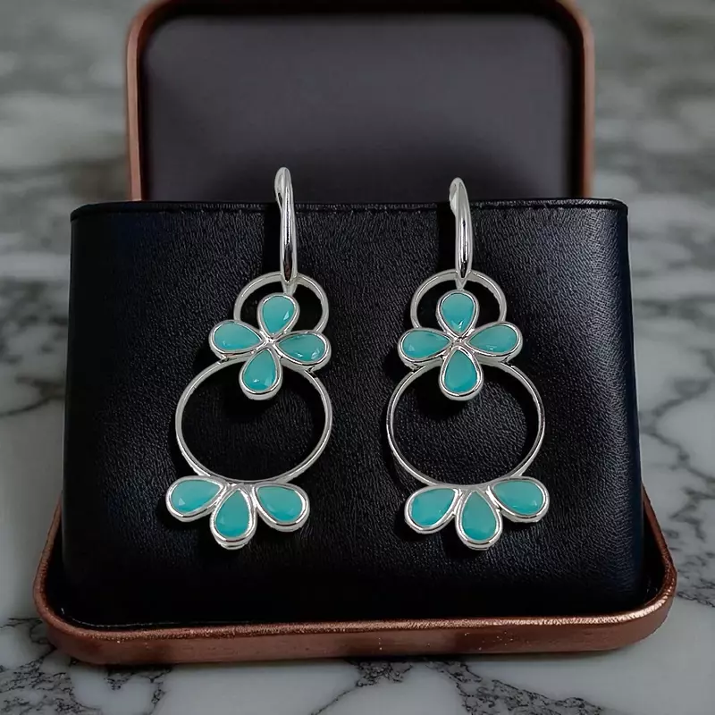 Turquoise Floral Hoop Earrings - Silver-Toned Statement Dangle Earrings