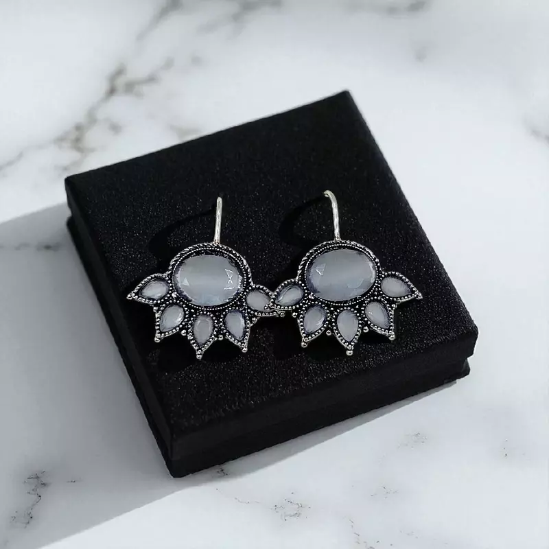 Elegant Grey Cat's Eye Earrings | Vintage-Inspired Dangle Earrings