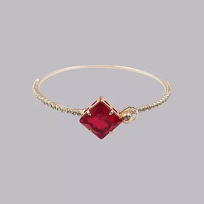 Red Square Stone & Diamond Studded Gold-Toned Bangle Bracelet | Adjustable Fashion Jewelry