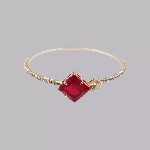 Red Square Stone & Diamond Studded Gold-Toned Bangle Bracelet | Adjustable Fashion Jewelry