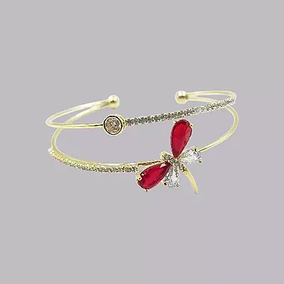 Elegant Red Dragonfly Gold-Plated Double Cuff Bracelet with Zircon Stones
