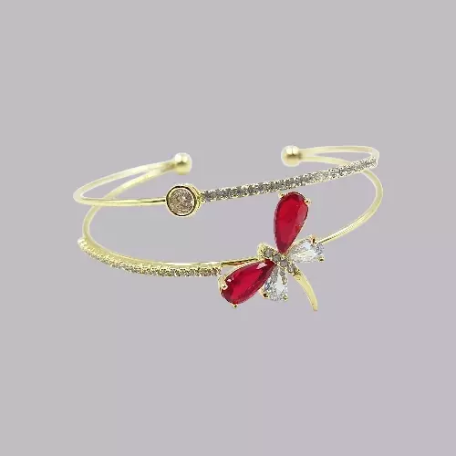 Elegant Red Dragonfly Gold-Plated Double Cuff Bracelet with Zircon Stones