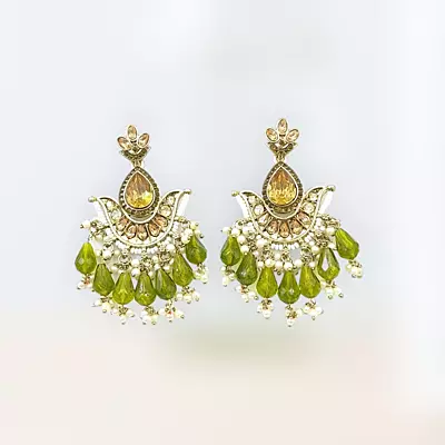 Ethnic Kundan & Bead Chandelier Earrings | Olive Green Drops | Traditional Jhumka Style