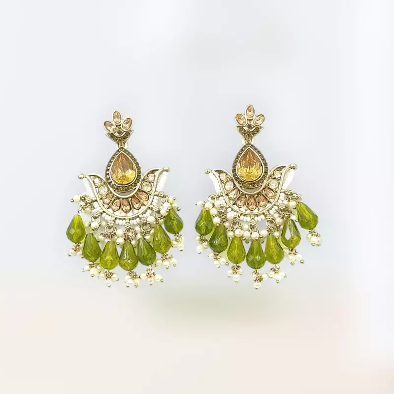 Ethnic Kundan & Bead Chandelier Earrings | Olive Green Drops | Traditional Jhumka Style
