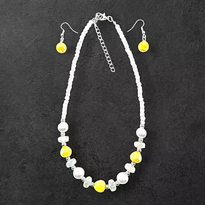 Vibrant Yellow Bead & Pearl Necklace and Earring Set | Elegant Fashion Jewelry