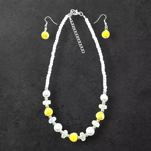 Vibrant Yellow Bead & Pearl Necklace and Earring Set | Elegant Fashion Jewelry