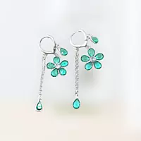 Emerald & Diamond Flower Drop Earrings - Long Dangle Statement Jewelry