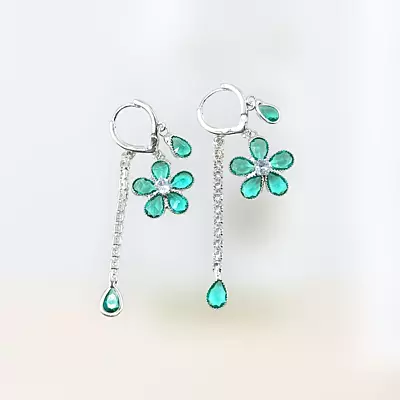 Emerald & Diamond Flower Drop Earrings - Long Dangle Statement Jewelry